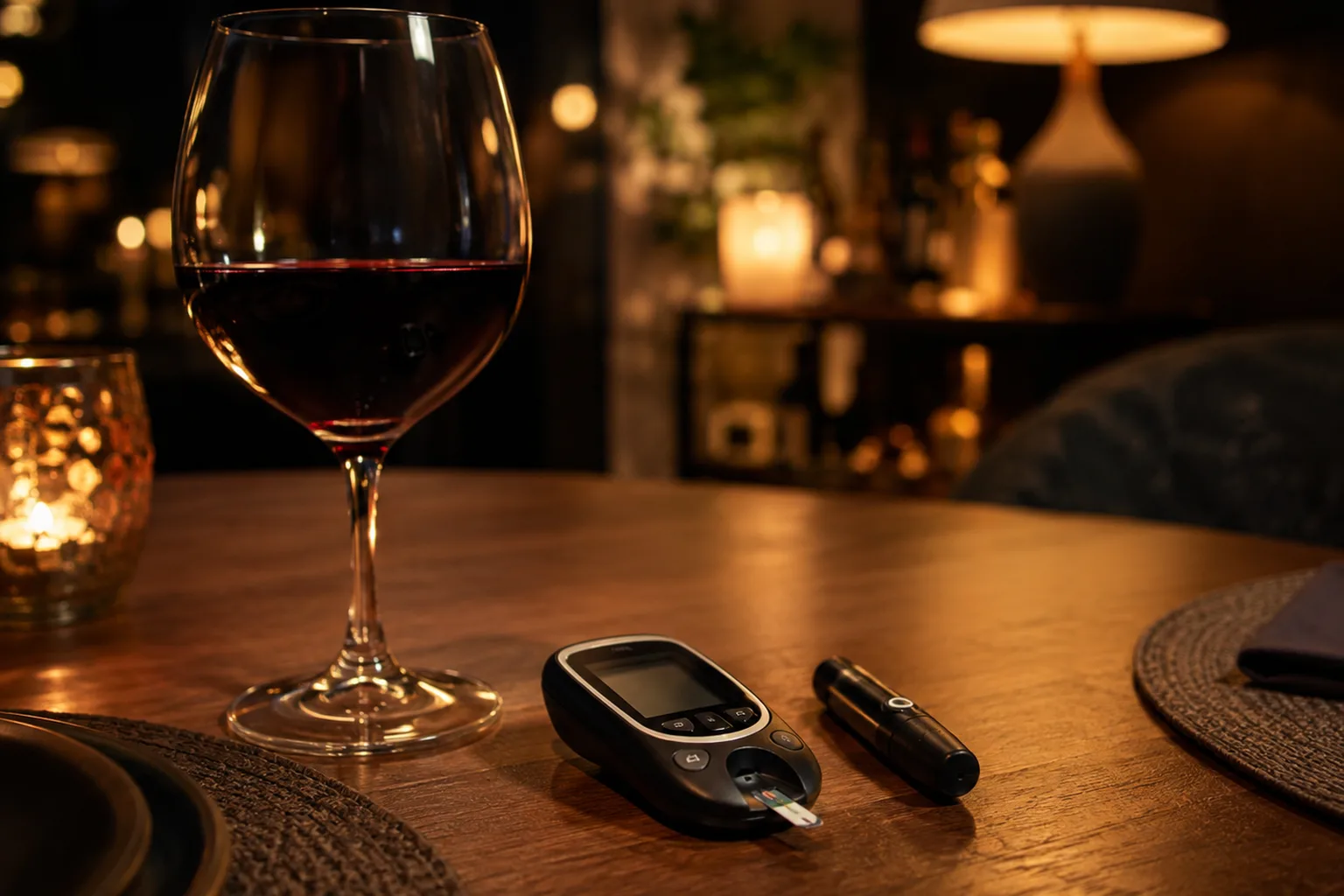 Glas Rotwein und ein Blutzuckermessgerät nebeneinander auf einem Holztisch am Abend