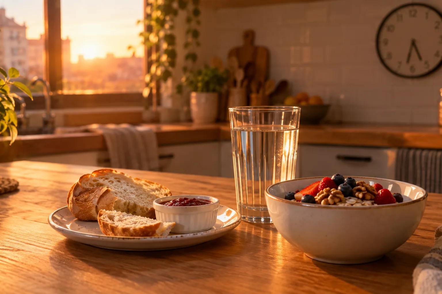 Küchentisch mit angebrochenem Weißbrot und Marmelade, daneben ein Glas Wasser und eine Schale mit Haferflocken, Nüssen und Beeren