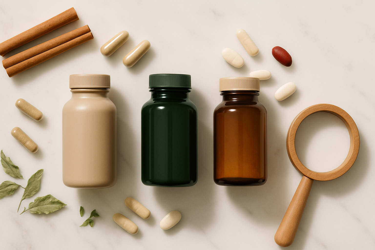 Drei Blutzucker-Supplements neben einem Fragebogen mit Häkchen: Schnelltest zur Auswahl des passenden Produkts