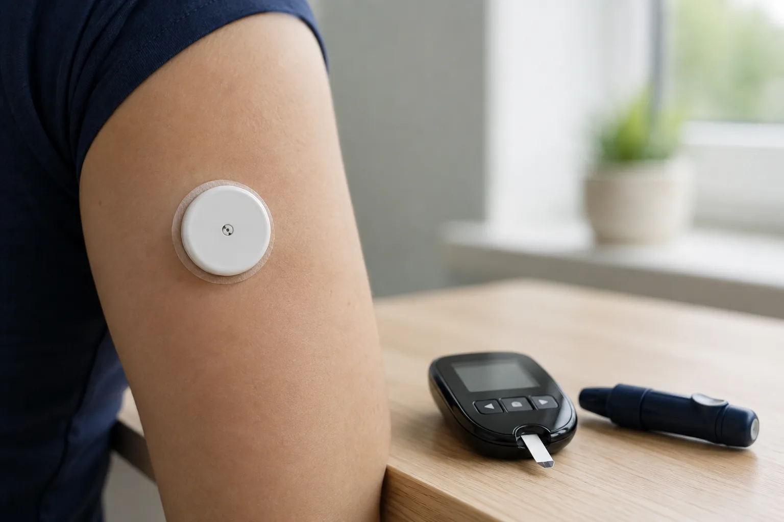 Glukosesensor an einem Oberarm neben einem klassischen Blutzuckermessgerät mit Teststreifen und Stechhilfe auf einem hellen Tisch