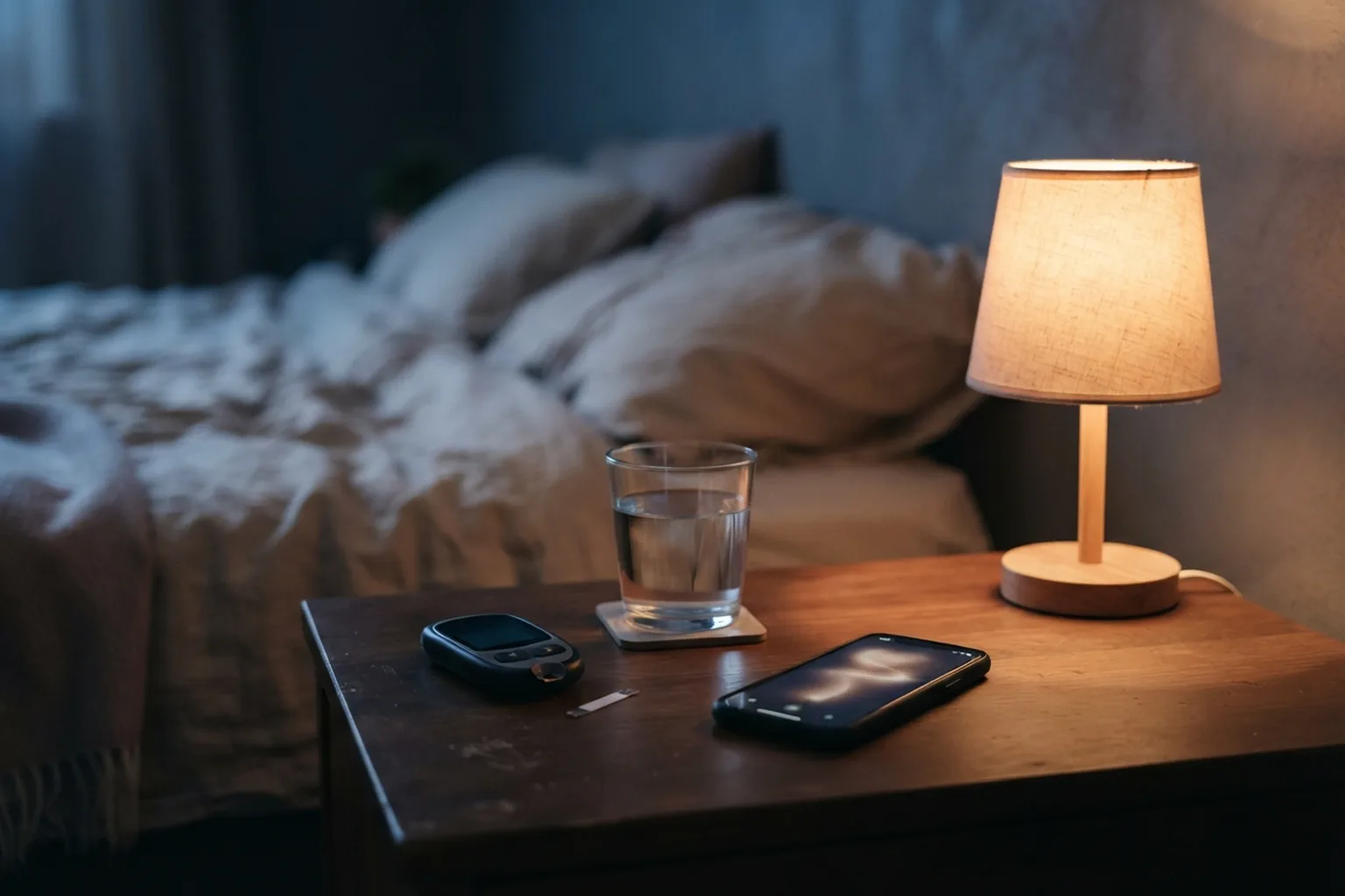 Nachttisch mit einem Blutzuckermessgerät neben einem Glas Wasser, im Hintergrund ein gemachtes Bett, warmes gedimmtes Licht am Abend