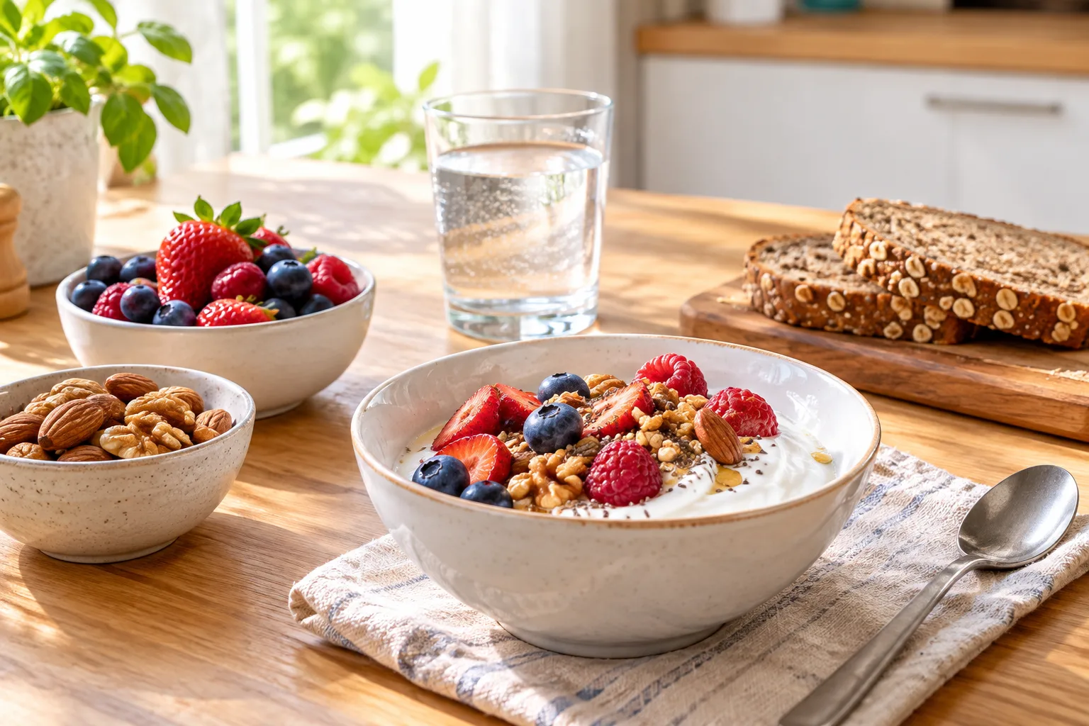 Frühstückstisch mit Joghurt, Beeren, Nüssen und Vollkornbrot in einer hellen Küche
