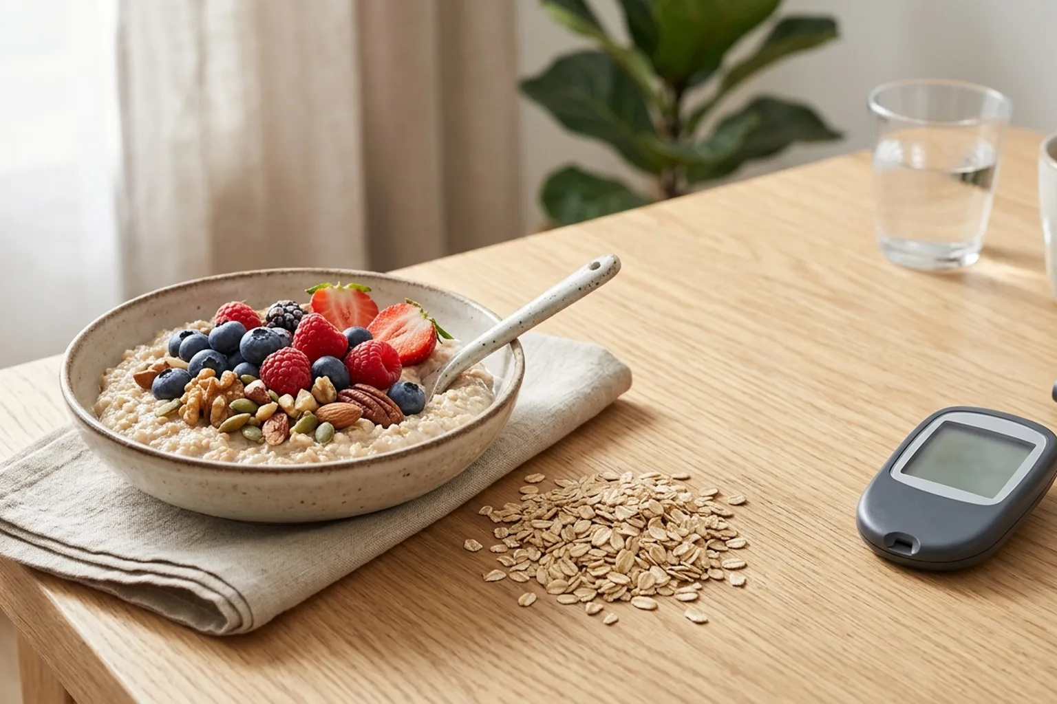 Schüssel Haferporridge mit Beeren und Nüssen neben Haferflocken und einem Blutzuckermessgerät auf einem Holztisch