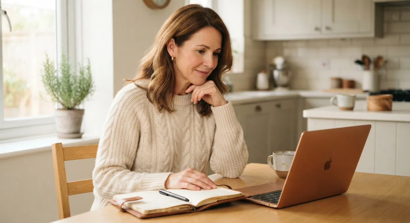 Frau sitzt entspannt am Küchentisch mit Laptop, Symbolbild für Insulinresistenz