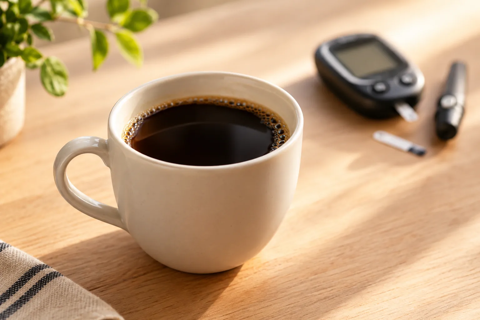 Tasse schwarzer Kaffee neben einem Blutzuckermessgerät auf einem Holztisch am Morgen